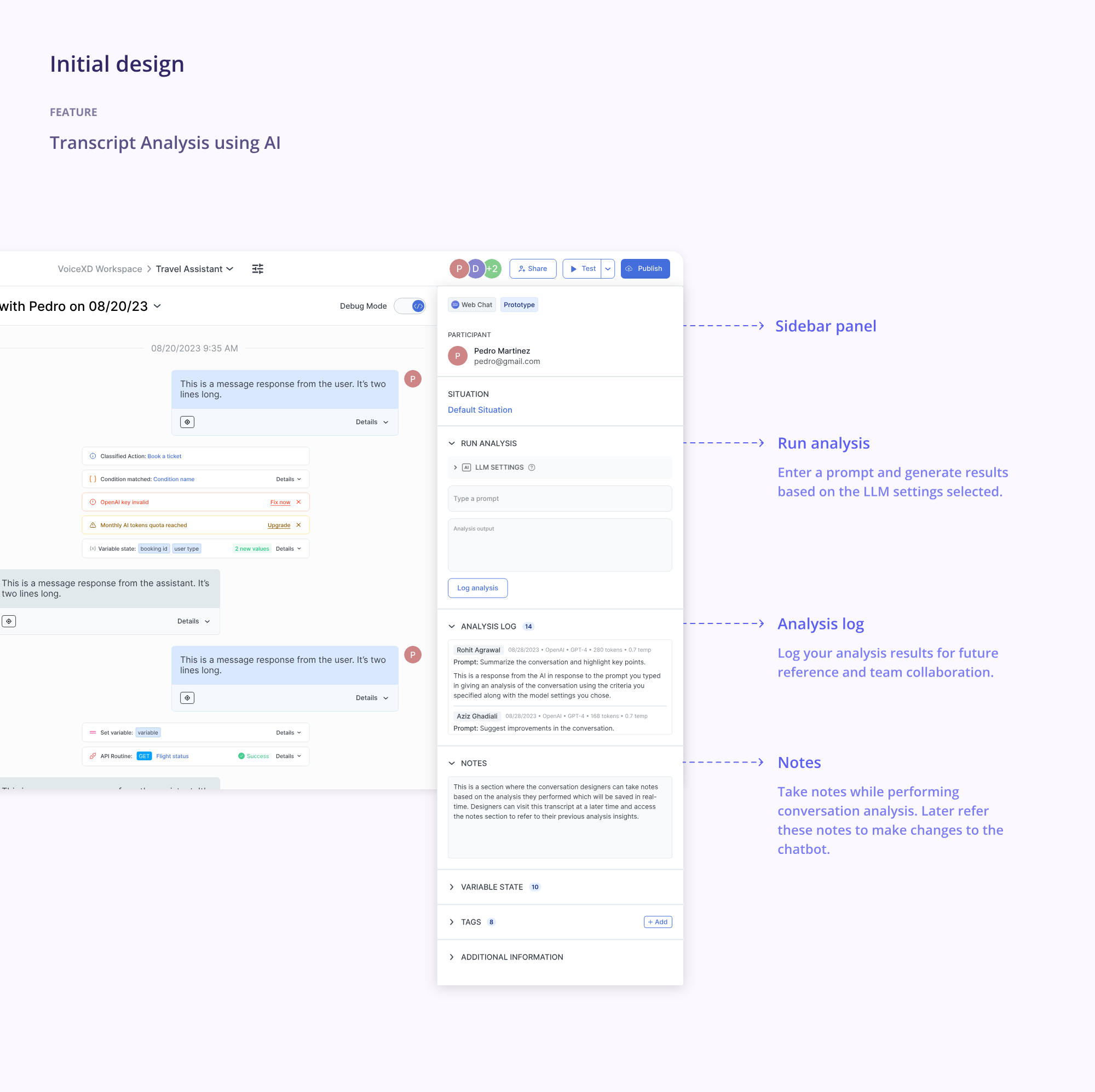 Initial sidebar design running analysis on the full transcript