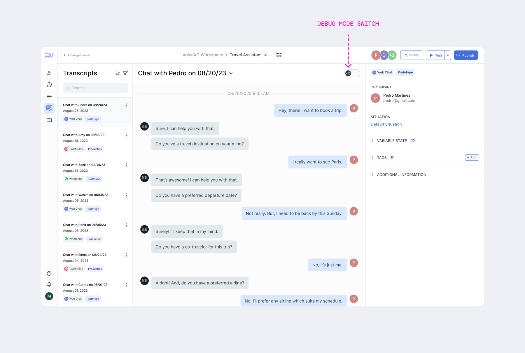 Debug mode off: transcript reads like a standard messenger