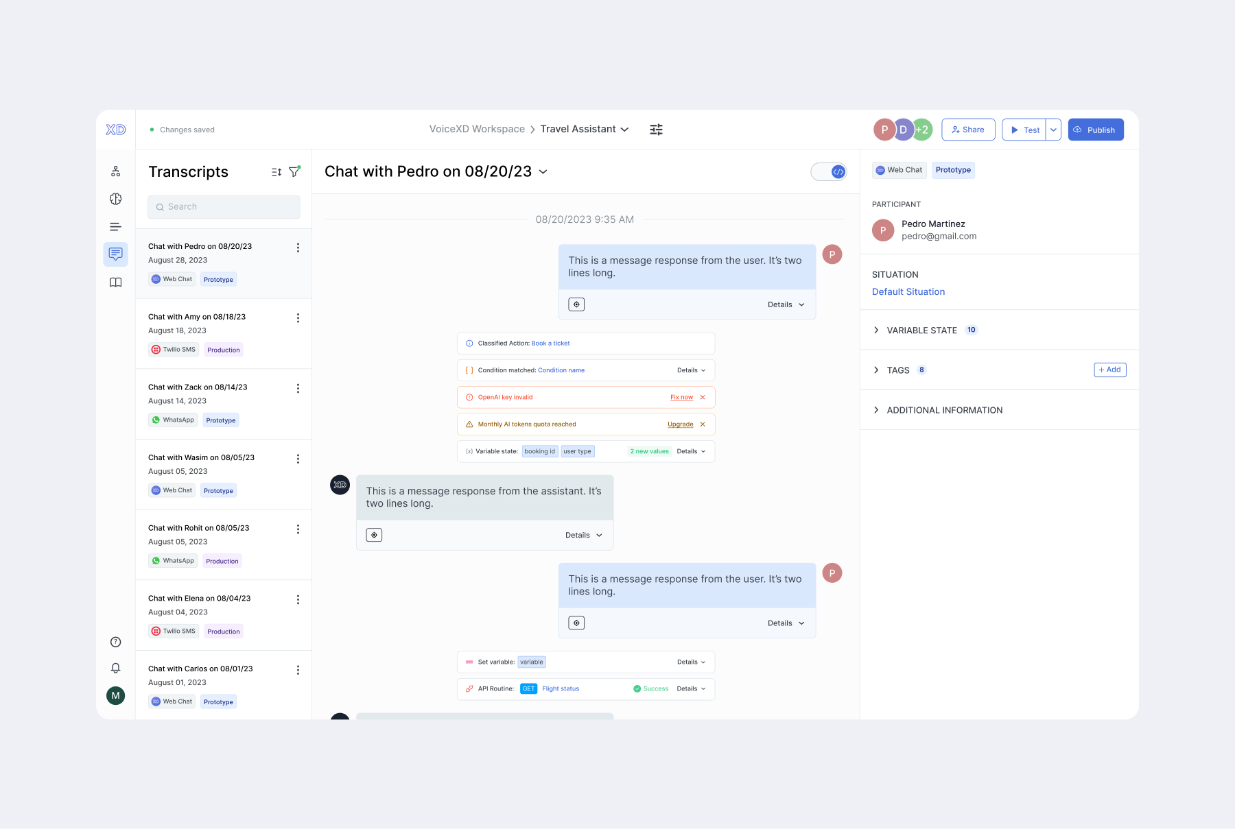 Debug mode on: every message reveals its backend details