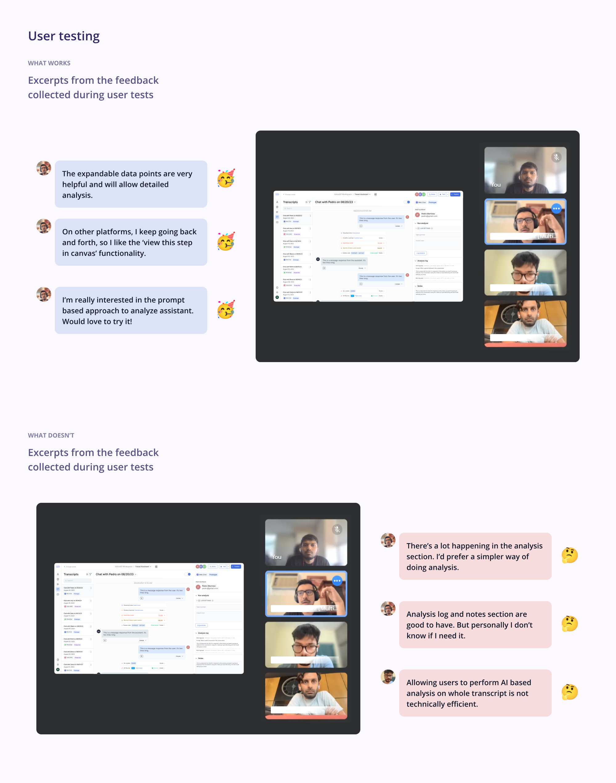 User testing sessions that surfaced the problems with whole-transcript analysis