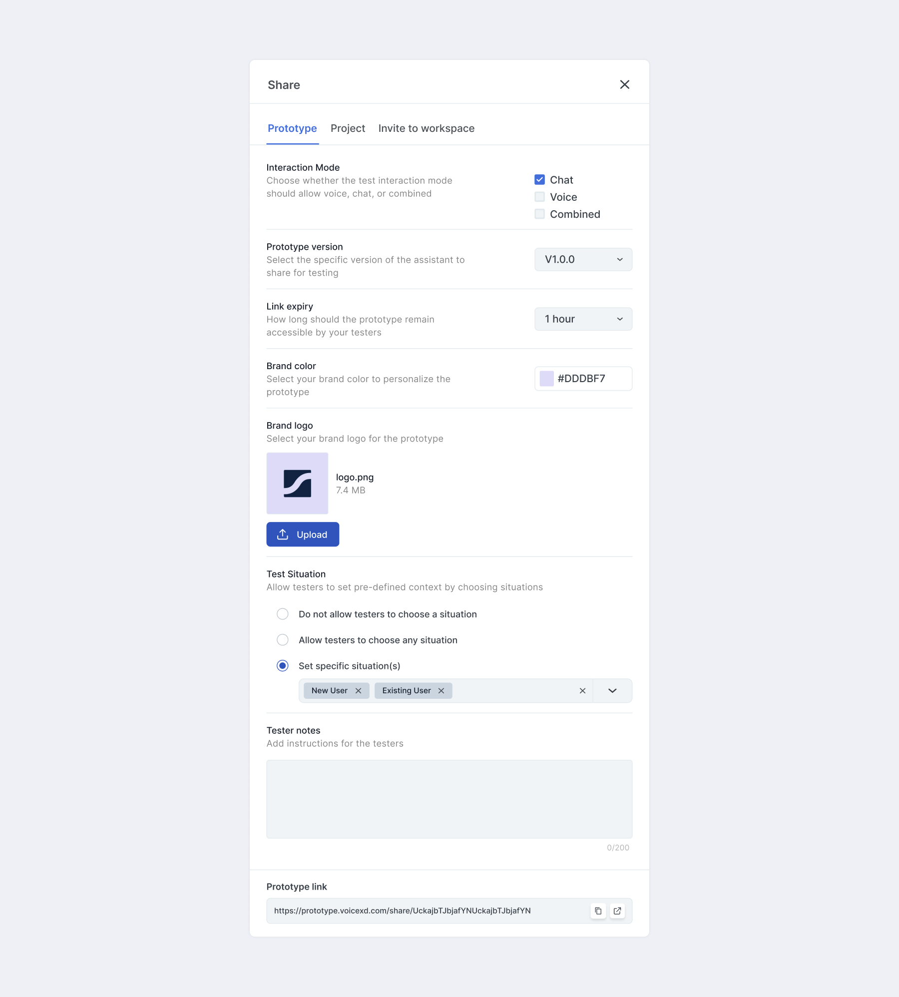 Prototype configuration inside assistant settings